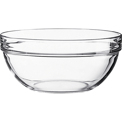 Bol en verre transparent de forme arrondie.