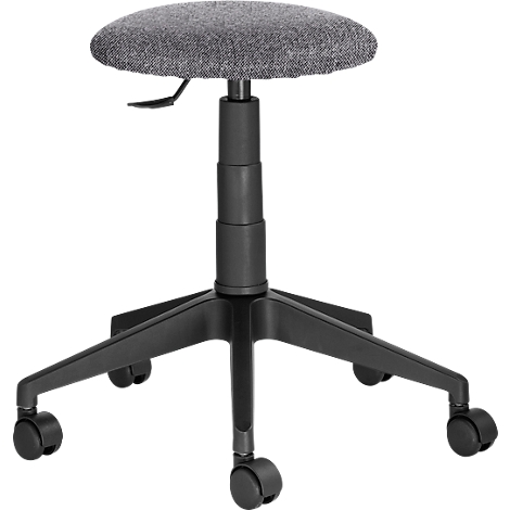 Office stool, gray fabric cover, black frame, castors.