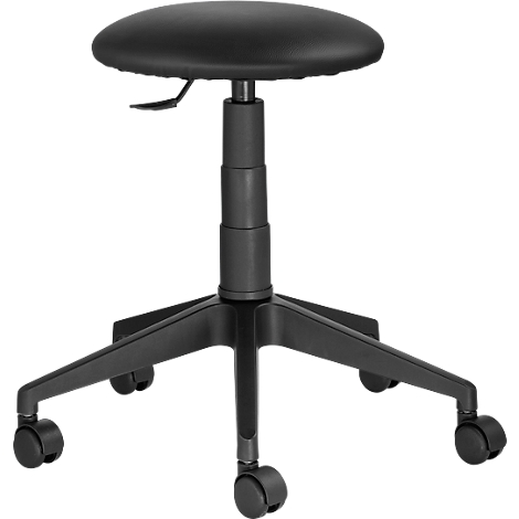 Black, height-adjustable stool with casters. Round seat cushion, gas spring, and a five-legged base.
