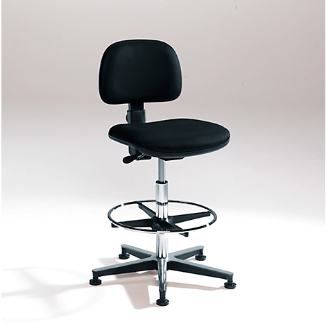 Black office chair, height adjustable, with footrest. On a light background.