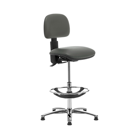 Grey office chair with backrest and footrest against a white background.