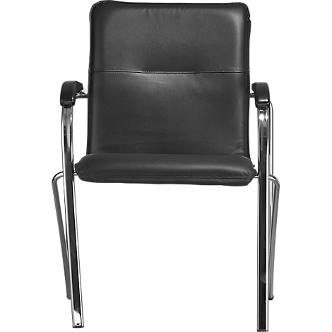 Black office chair, leather look, chromed metal frame, armrests.