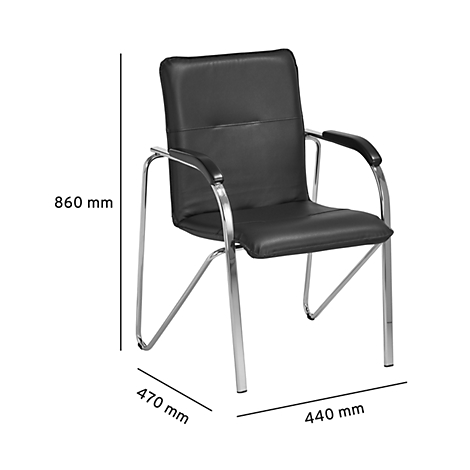 Black leather chair with armrests, chrome frame. Dimensions: 860 x 470 x 440 mm.