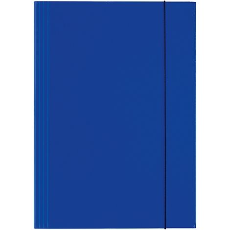 Blaues Notizbuch mit schwarzem Gummiband.