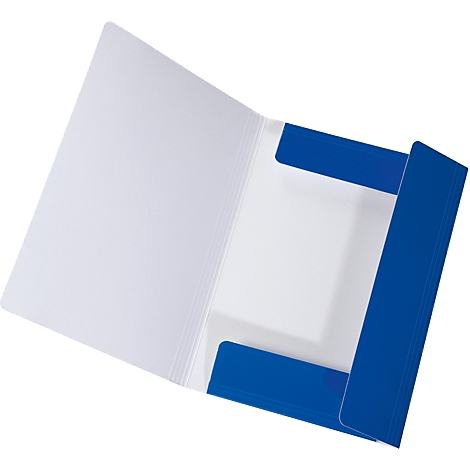 Offene blaue Dokumentenmappe, innen weiß. Auf der rechten Seite befinden sich Laschen zum Einstecken von Papieren.
