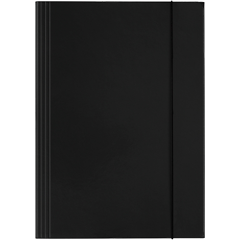 Schwarzes Notizbuch mit Gummiband zum Verschließen, das einen Großteil des Bildes ausfüllt.