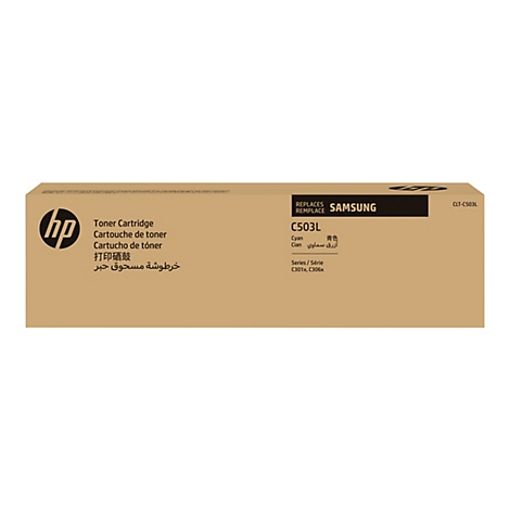 Braune Kartonverpackung fÃ¼r eine Tonerpatrone von HP. Aufdrucke: Toner Cartridge, C503L, Samsung.