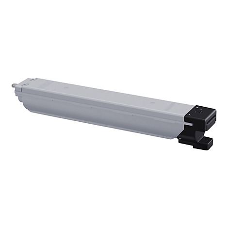 Cartouche de toner grise, vue de dessus. PiÃ¨ce en plastique noir Ã  l'extrÃ©mitÃ©.
