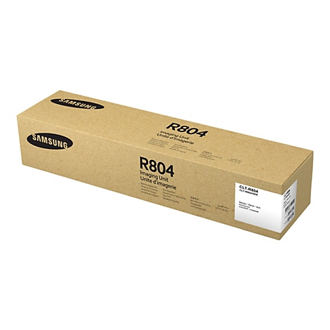 BoÃ®te en carton marron avec le logo Samsung et l'inscription R804. Ã‰tiquette avec informations sur le produit. Sur fond blanc.