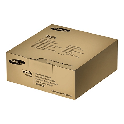 Boîte de conteneur de toner Samsung beige avec étiquettes multilingues.