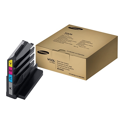 Conteneur de toner noir avec marquages ​​couleur (Y, M, C, K) à côté d'une boîte Samsung marron.