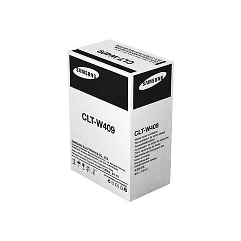 BoÃ®te de toner Samsung blanche avec bande noire et imprimÃ©s, dont CLT-W409.