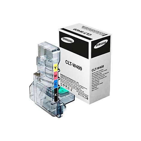 Transparente Tonerkassette neben einer weißen Samsung-Verpackung. Auf der Kassette sind die Farben Y, M, C, K markiert, auf der Verpackung steht CLT-W409.