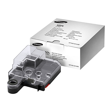 Ein Samsung Tonerbehälter mit transparentem Deckel, daneben die Verpackung mit Produktbezeichnung und Branding.