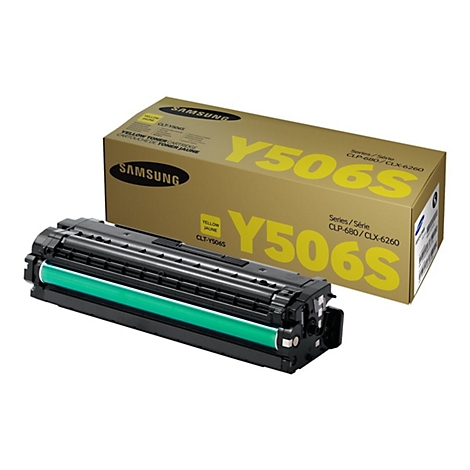 Gelbe Toner-Kartusche und Verpackung von Samsung. Die Verpackung zeigt die Modellnummer Y506S. Die Kartusche selbst ist schwarz und hat eine grÃ¼ne Walze.