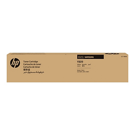 Eine braune Toner Cartridge Box mit HP und Samsung Logo und der Aufschrift Y809.