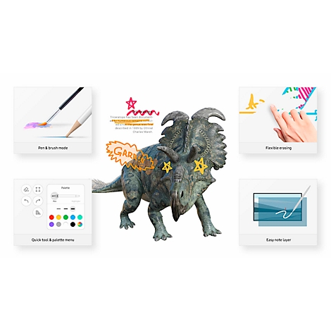 A dinosaur decorated with stars and lettering, surrounded by examples of pen, brush and eraser functions and a color palette.