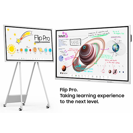 Two white Flip Pro boards with drawings. On the left a solar system and on the right a diagram of Saturn. Text below: Flip Pro. Taking learning experience to the next level.