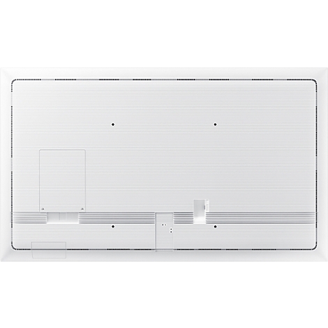 The white back of a TV. Connectors, vents, and mounting points are visible.