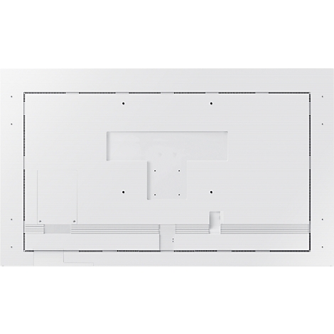 Back of a white television with screw holes, cable cutouts, and a rectangular shape.