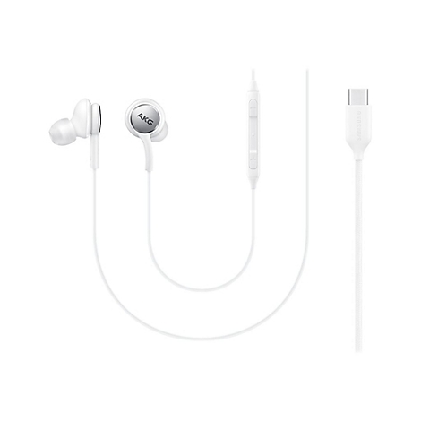 Weisse AKG In-Ear-KopfhÃ¶rer mit USB-C-Anschluss. Links: KopfhÃ¶rer. Mitte: Bedienelement. Rechts: USB-C-Stecker.