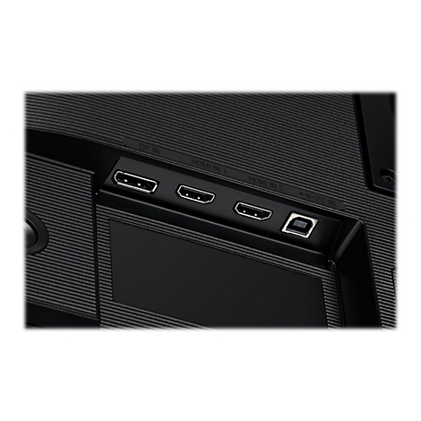 RÃ¼ckseite eines schwarzen Monitors mit AnschlÃ¼ssen fÃ¼r HDMI und USB.