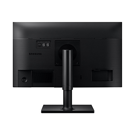 Die RÃ¼ckseite eines schwarzen Samsung-Monitors mit Halterung. AnschlÃ¼sse und Logo sind zu sehen.