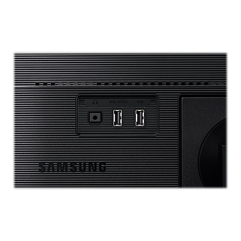 Nahaufnahme der RÃ¼ckseite eines schwarzen Samsung-Monitors mit AnschlÃ¼ssen fÃ¼r KopfhÃ¶rer, USB und Strom.