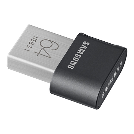 USB-Stick von Samsung. Silberfarbener MetallkÃ¶rper, schwarze Kappe. Beschriftung 64 USB 3.1 und SAMSUNG.
