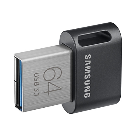 Ein schwarzer Samsung USB-Stick mit der Aufschrift 64 und USB 3.1 auf silbernem Metall. Der Stick hat einen Schlitz und das Samsung Logo.