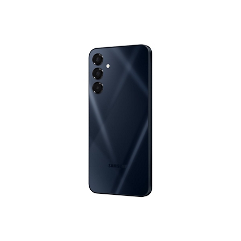 Dunkelblaues Smartphone auf weißem Hintergrund. Rückseite mit drei Kameras und Samsung-Logo.