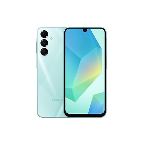 Türkisblaues Smartphone, Vorder- und Rückseite in Nahaufnahme, Samsung Logo.