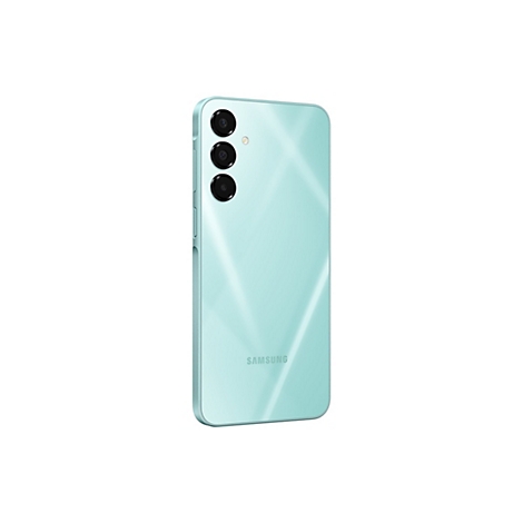 Türkisfarbenes Smartphone, Rückseite, drei Kameraobjektive, Samsung-Logo.