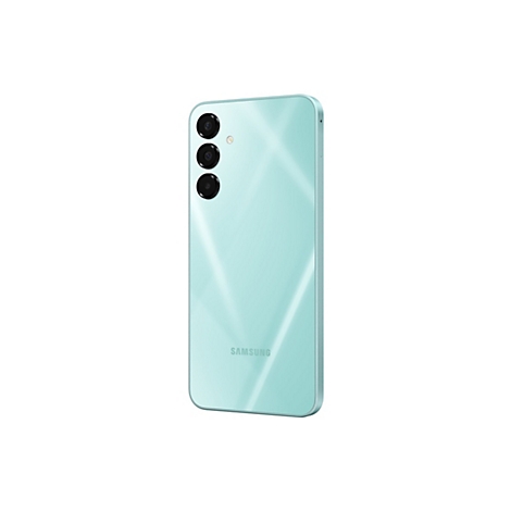 Hellblaues Smartphone, Rückseite mit Kameras und Samsung-Logo.