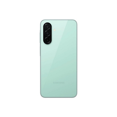 Rückseite eines mintfarbenen Smartphones mit dreifacher Kamera und dem Schriftzug 'Samsung'.