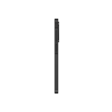 Schwarzes Smartphone-Seitenprofil mit Kamera- und Lautstärketasten, weißer Hintergrund.