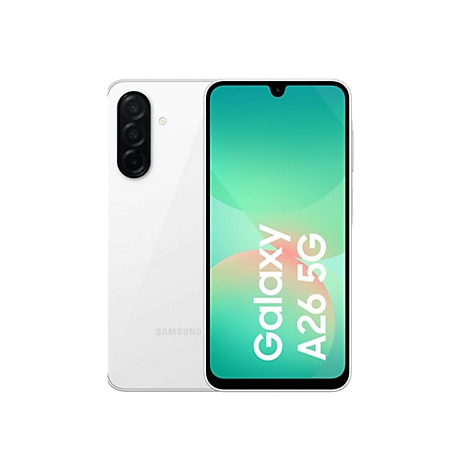 Weißes Smartphone, Rückseite mit drei Kameras, Display mit Schriftzug Galaxy A26 5G.