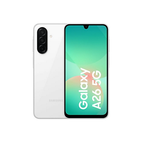 Weißes Smartphone mit dreifacher Kamera, Display mit Galaxy A26 5G Schriftzug.