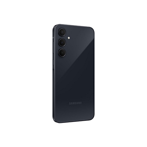 Dunkelblaues Smartphone im Winkel, drei Kameras oben, Samsung Schriftzug unten.