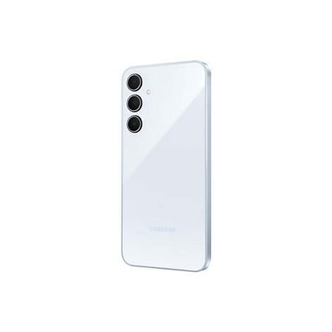 Hellblaues Smartphone, Rückseite mit drei Kameras und SAMSUNG-Logo.