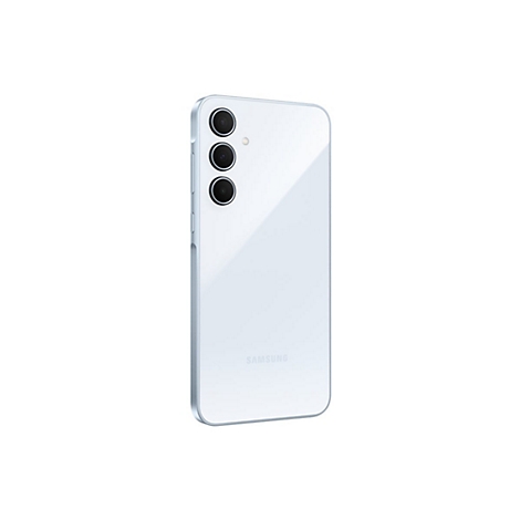 Hellblaues Smartphone, Rückseite mit drei Kameras, Samsung-Logo.