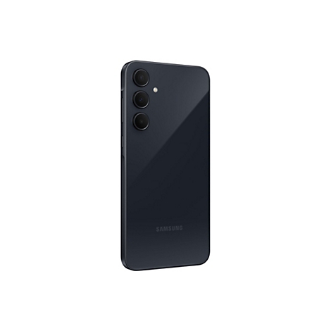 Dunkelblaues Smartphone mit drei Kameraobjektiven auf der RÃ¼ckseite, Samsung-Logo.
