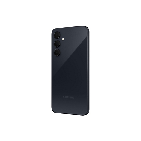 Dunkelblaues Smartphone, RÃ¼ckseite. Drei Kameras, weiÃŸer Punkt. Samsung-Logo.