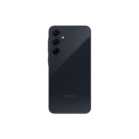 Dunkelblaues Smartphone von hinten, drei Kameras oben links.