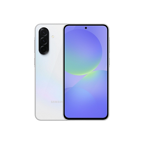 Ein weißes Smartphone vor weißem Hintergrund. Rückseite mit drei Kameras, Front mit Display. Aufschrift "SAMSUNG".