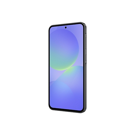 Ein Smartphone in Schwarz mit abgerundeten Kanten. Auf dem Bildschirm ist ein blau-grünes abstraktes Muster zu sehen.