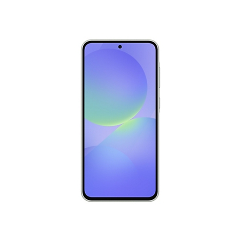 Ein Smartphone mit hellblauem Bildschirm und Farbverlauf. Oben mittig ist eine kreisförmige Aussparung für die Kamera.