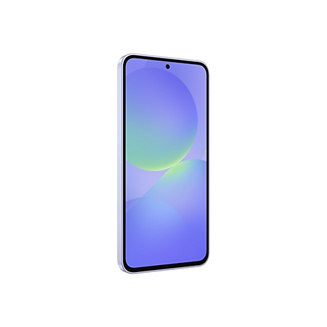 Ein Smartphone vor weißem Hintergrund. Das Display zeigt einen blauen Hintergrund mit Kreisen. Das Gehäuse ist silberfarben.