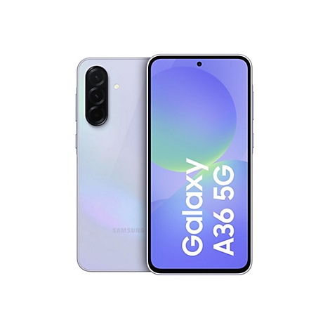 Hellgraues Samsung Galaxy A36 5G Smartphone mit Display. Auf dem Display steht Galaxy A36 5G.