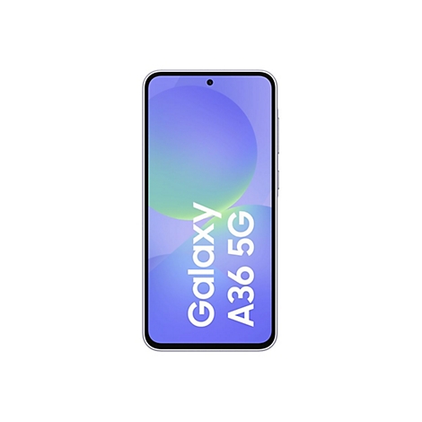 Ein silbernes Smartphone zeigt das Display mit den Schriftzügen Galaxy A36 5G, vor weißem Hintergrund.